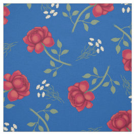 Röda rosor på medelblå överstor kaliko tyg