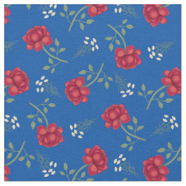 Röda rosor på medelblått kaliko tyg