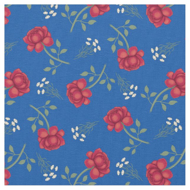 Röda rosor på medelblått kaliko tyg (Närbild)