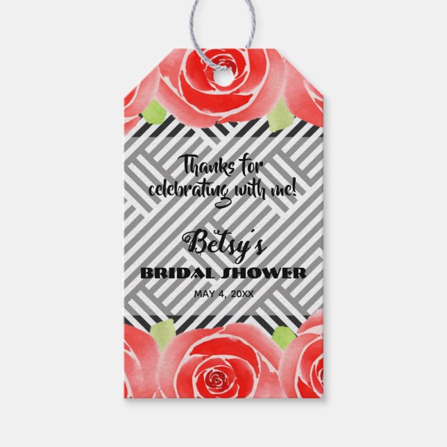 Röda rosor på randig Derby Bröllopsdusch Presentetikett (Framsidan)