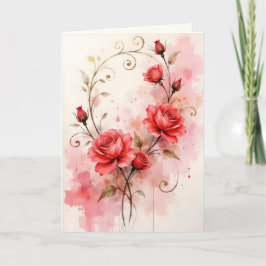 Röda rosor på rosa akvarellbakgrund årsdag kort