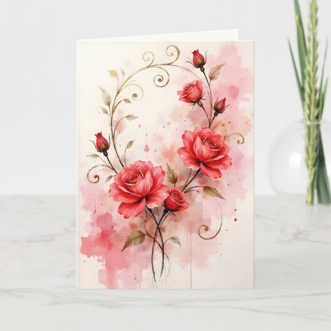 Röda rosor på rosa akvarellbakgrund årsdag kort (Framsida)