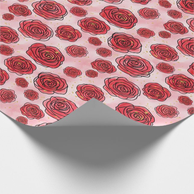 Röda rosor på rosa akvarellmönster presentpapper (Hörn)