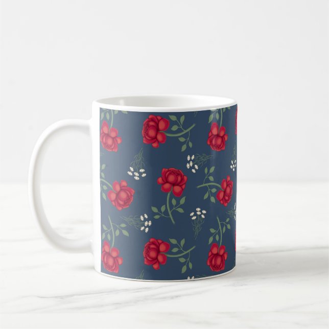 Röda rosor på skifferblå överdimensionerad calico kaffemugg (Vänster)