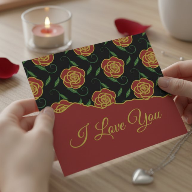 Röda Rosor På Svart Kärlek Du Valentin Kort (Beautiful hand drawn Valentine's day card with custom message on front and back.)