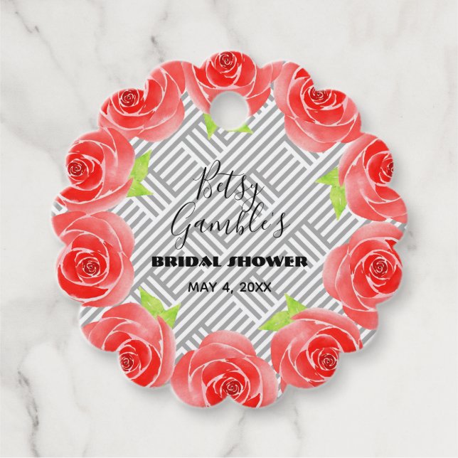 Röda Rosor på Svart Vit Randig Derbyfest Gåvor Etiketter (Framsida)