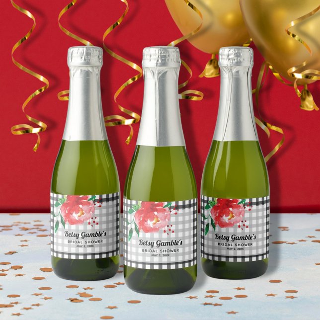 Röda rosor på svarta rutmönstrade minifetikostvins (Red rose on black and white gingham mini sparkling wine bottle labels)