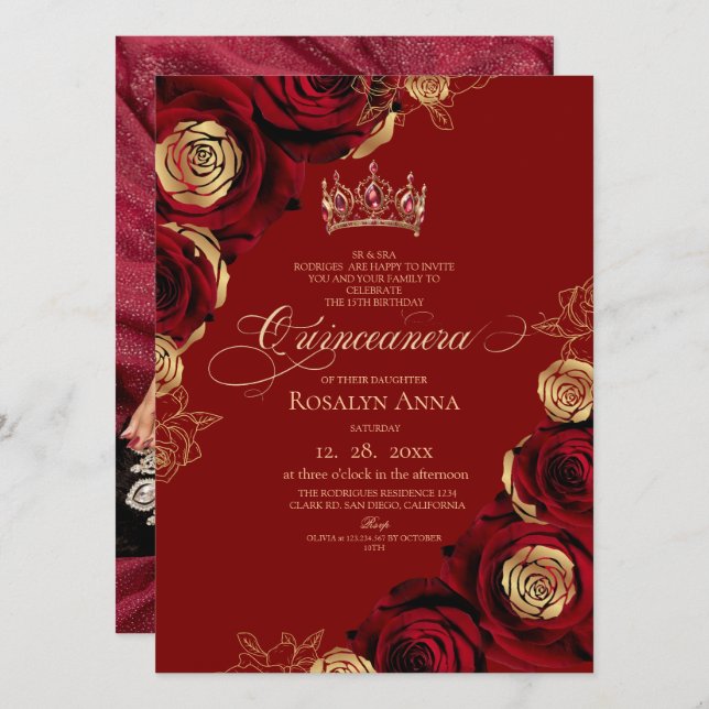 Röda Rosor Princess Quinceañera  Inbjudningar (Fram/baksida)