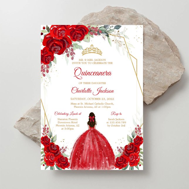 Röda Rosor Quinceanera Födelsedagsinbjudan Inbjudningar (Skapare uppladdad)