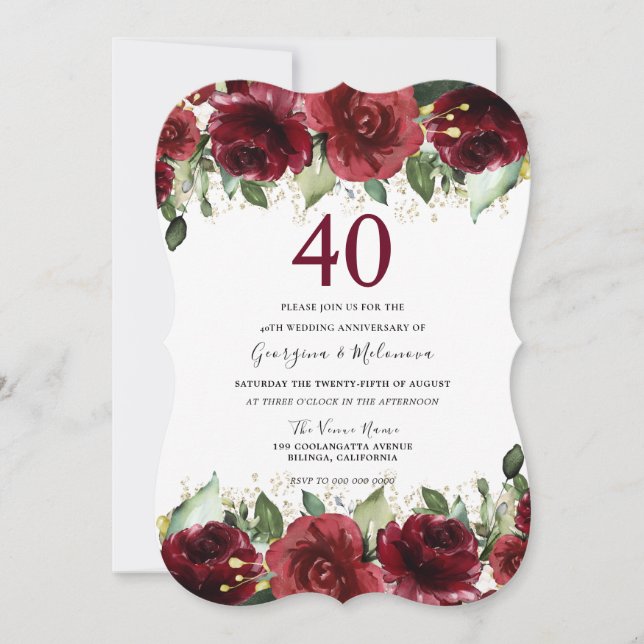 Röda Rosor Romantisk Blommig 40-årsjubileum Inbjudningar (Framsida)
