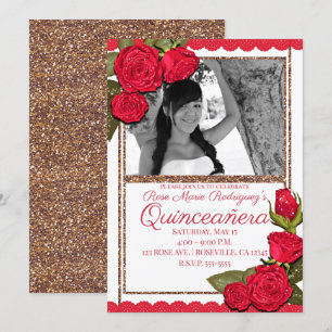 Röda Rosor Roséguld Glitter Quinceañera Födelsedag Inbjudningar