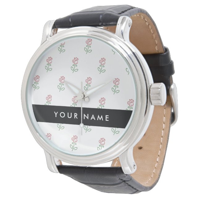 Röda rosor, Rosmönster, Ditt namn Armbandsur (Vinklad)