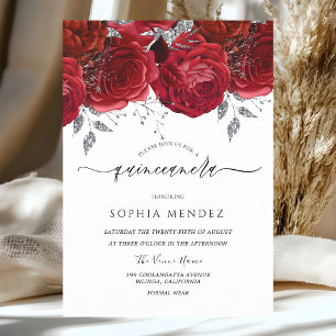 Röda Rosor Silverblad Quinceanera Inbjudningar