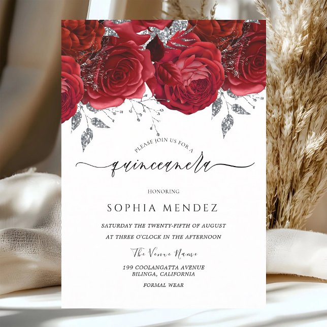 Röda Rosor Silverblad Quinceanera Inbjudningar (Skapare uppladdad)