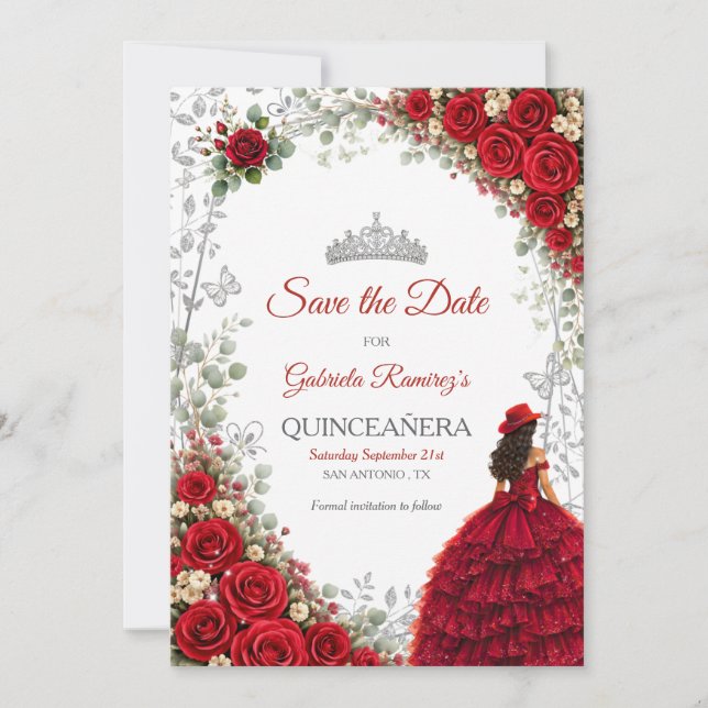 Röda Rosor Silverfjärilar Quinceañera Spara Datumet (Framsida)