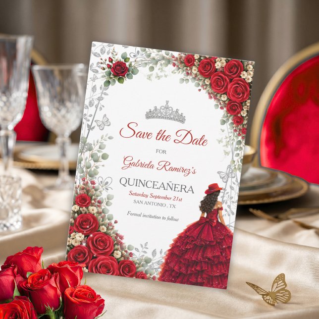 Röda Rosor Silverfjärilar Quinceañera Spara Datumet (Skapare uppladdad)