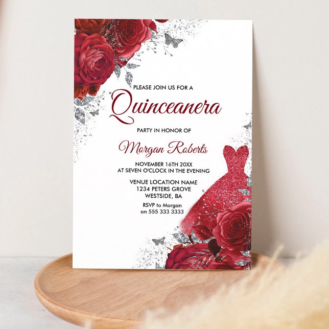 Röda Rosor Silverklänning Quinceanera Inbjudningar (Skapare uppladdad)