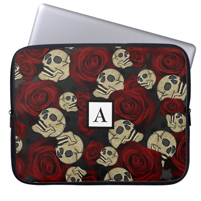 Röda Rosor & Skallar Grått Svart Blommig Gotisk Laptop Fodral (Framsidan)