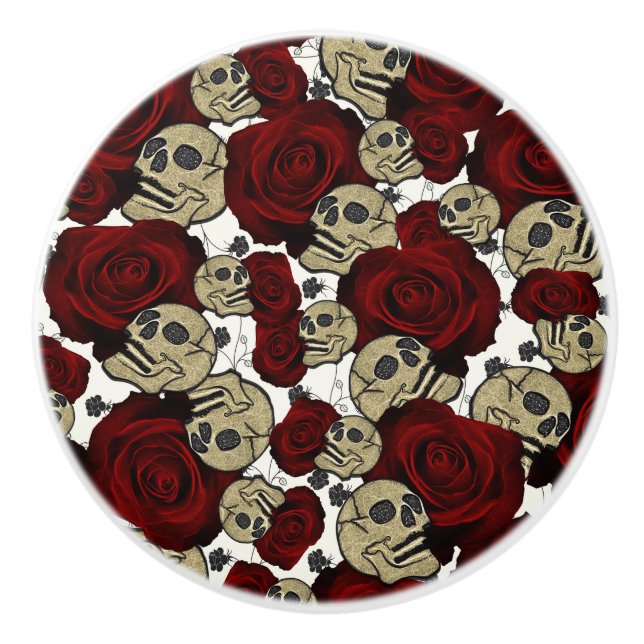 Röda rosor & skallar Svart floral gotisk vit Knopp (Framsidan)