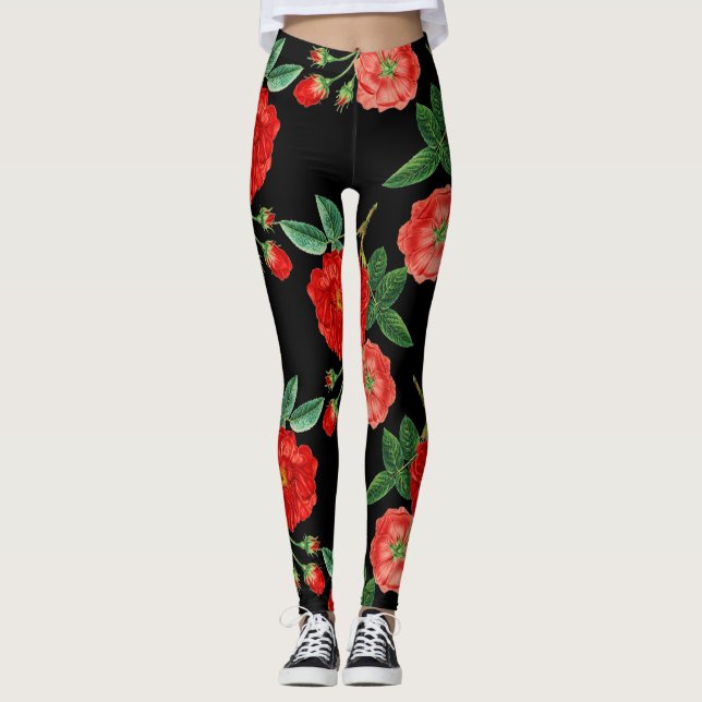 Röda rosor, svart bakgrund, leggings (Framsida)