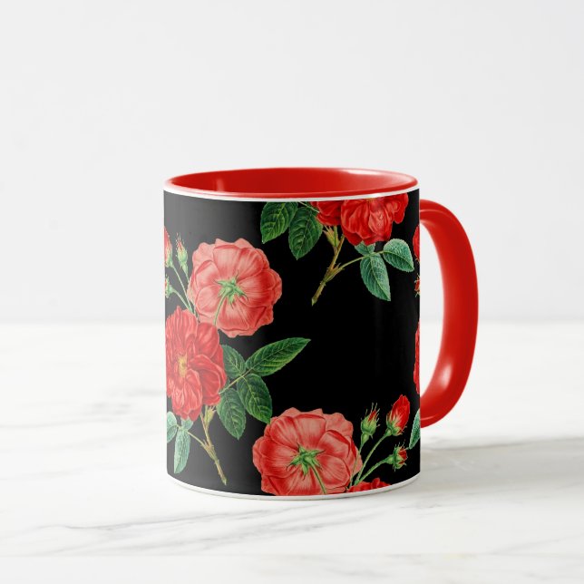 Röda rosor, svart bakgrund, mugg (Framsida höger)