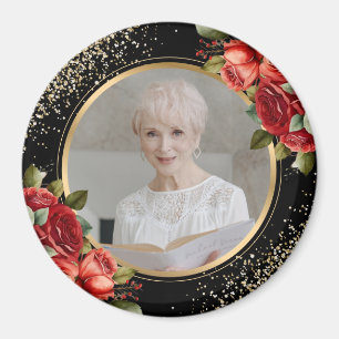 Röda Rosor Svart Guld Blommig Foto Magnet