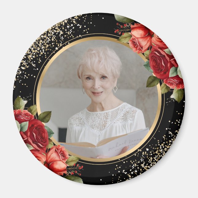 Röda Rosor Svart Guld Blommig Foto Magnet (Framsidan)