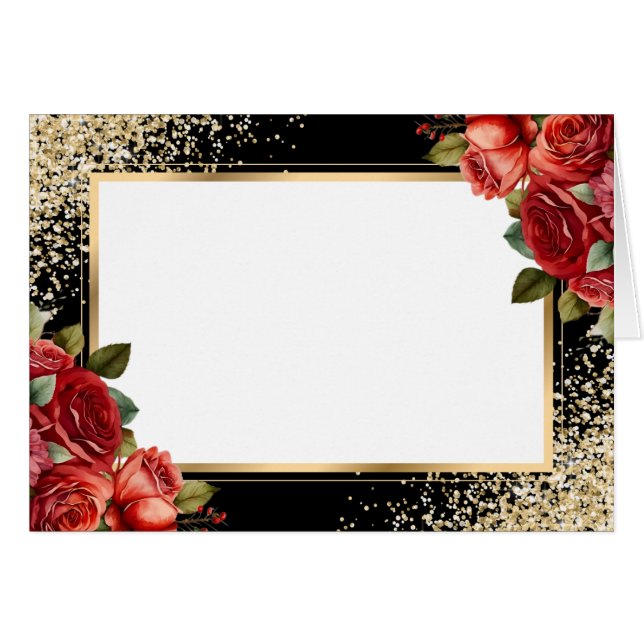 Röda Rosor Svart Guld Konfetti Blommig OBS Kort (Framsidan Horizontal)