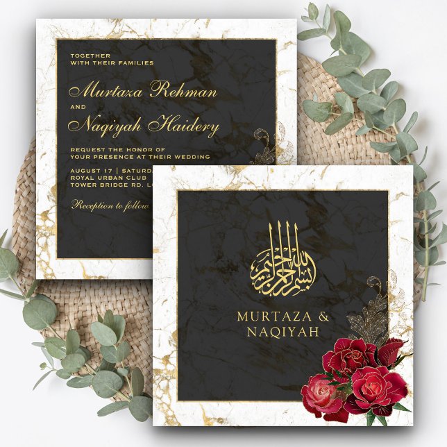 Röda Rosor Svart Guld Marmor Islamisk Muslimsk Brö Inbjudningar (Skapare uppladdad)
