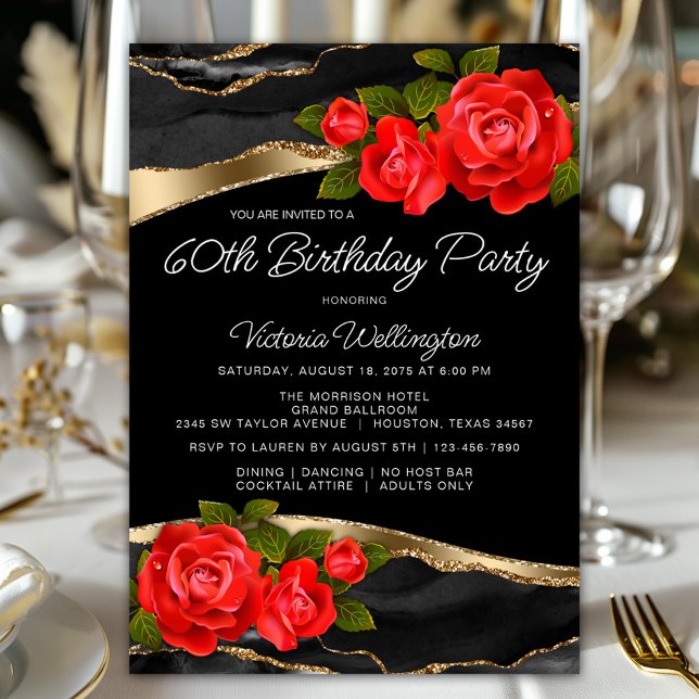 Röda Rosor Svart Guld Valfritt Nummer Födelsedag Inbjudningar (Pretty red roses on an elegant black and gold background any number birthday and event invitation.)