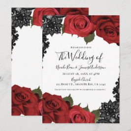 Röda rosor & svart spets Vit chic bröllop Inbjudningar