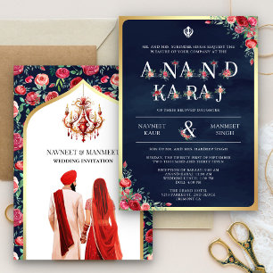 Röda Rosor Typografi Blå Anand Karaj Sikh Bröllop Inbjudningar