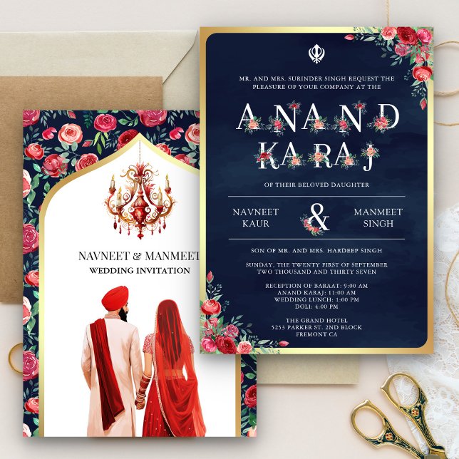 Röda Rosor Typografi Blå Anand Karaj Sikh Bröllop Inbjudningar (Skapare uppladdad)