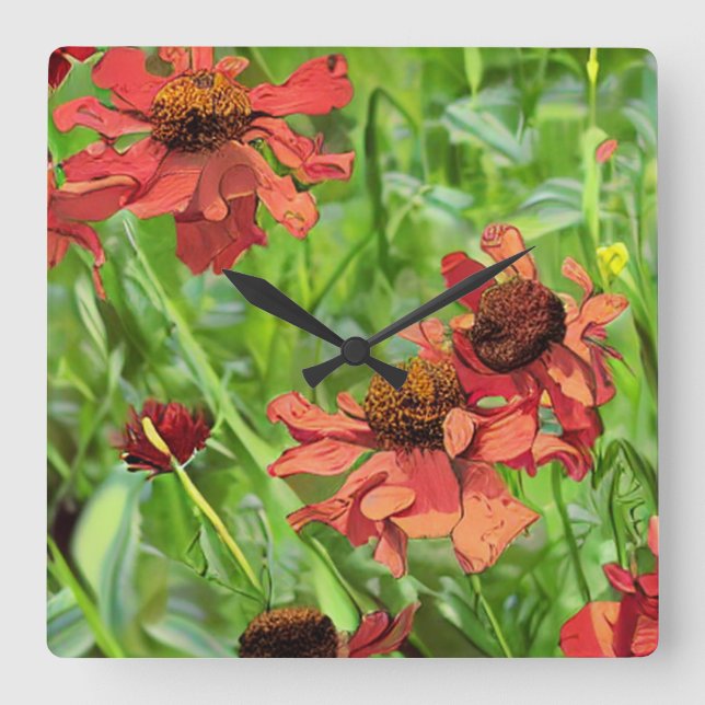 RÖDA RUDBECKIA BLOMMOR FYRKANTIG KLOCKA (Framsida)