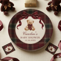 Röda rutmönstrade band teddybjörn baby shower papp