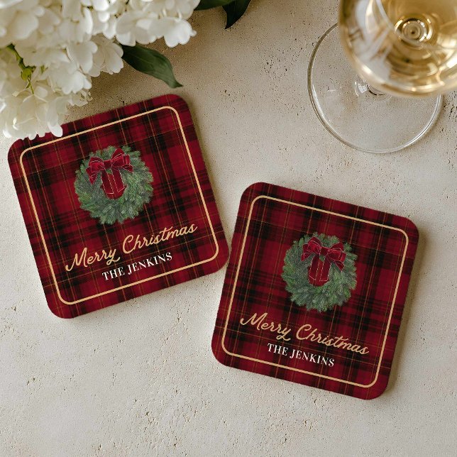 Röda rutmönstrade God Jul Pappersunderlägg Underlägg Papper Kvadrat (Classic Red Plaid Merry Christmas Party Coasters)