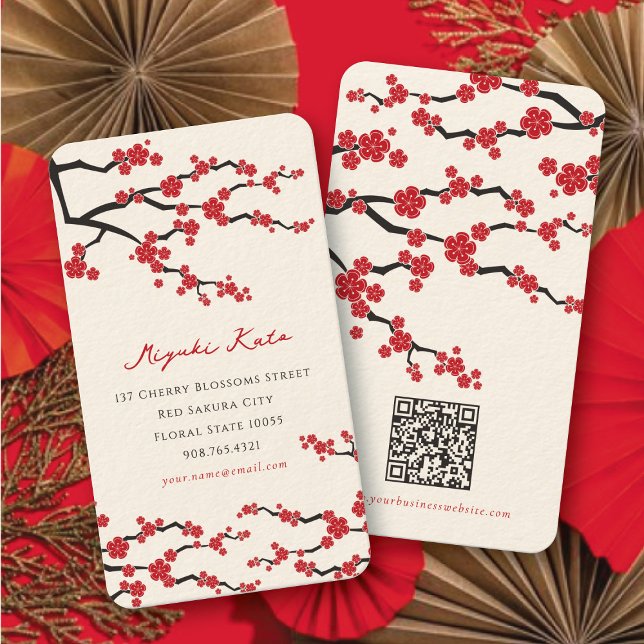 Röda Sakura Blommor Moderna Orientala Körsbärsblom Visitkort (Elegant Red Sakura Flowers Modern Oriental Chic Cherry Blossoms Business / Profile Card @ fatfatin)