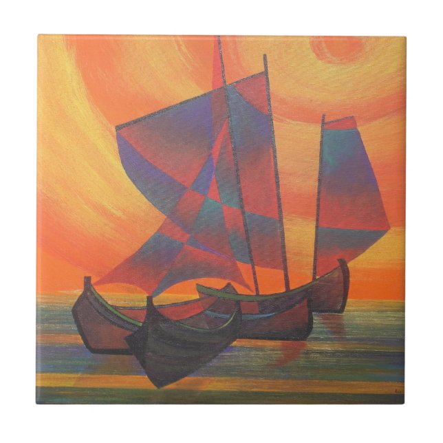 Röda segel i den Sunset Cubist-skräppost-Abstrakte Kakelplatta (Framsidan)