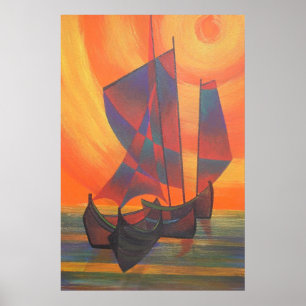 Röda segel i den Sunset Cubist-skräppost-Abstrakte Poster
