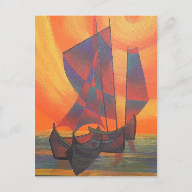 Röda segel i den Sunset Cubist-skräppost-Abstrakte Vykort (Framsida)