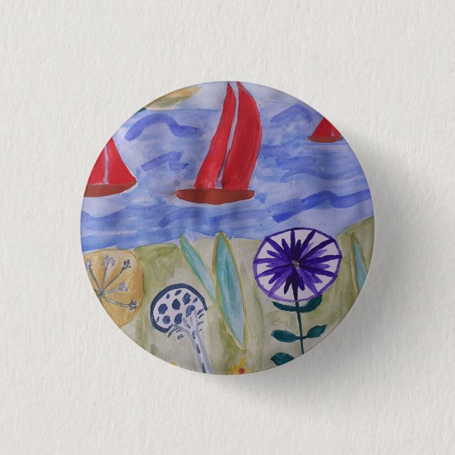 Röda segel och blommor, rund bricka knapp (Framsida)