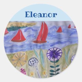 Röda segel och blommor runt klistermärke