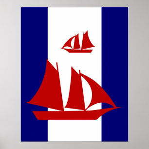 Röda segelbåtar, marin och vit rand poster utskrif