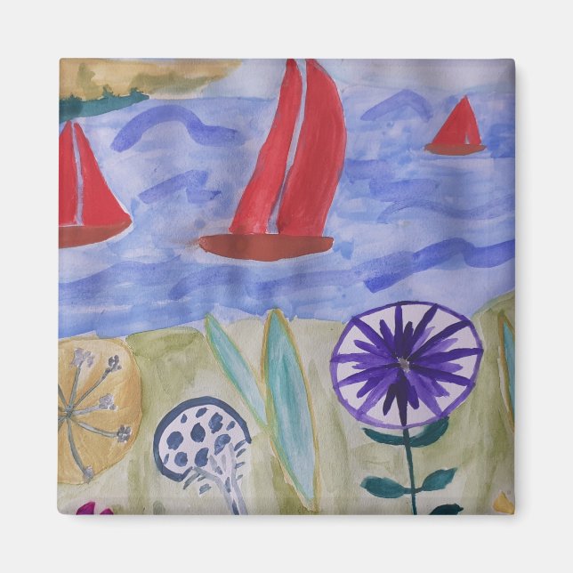 Röda seglar och blommor, magnet (Framsidan)