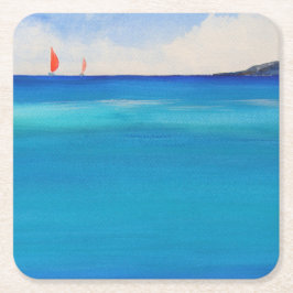 Röda seglar på Blå Vatten, vattenfärgsfärg Underlägg Papper Kvadrat
