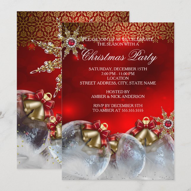 Röda Silver Guld Julgransprydnader Julfest new3 Inbjudningar (Fram/baksida)