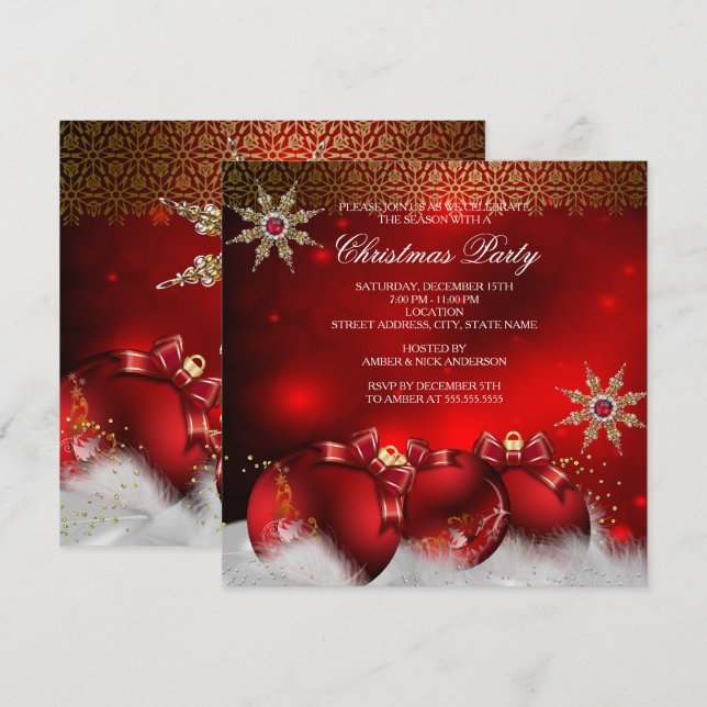 Röda Silver Guld Julgransprydnader Julfest new4 Inbjudningar (Fram/baksida)