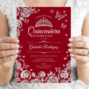 Röda Silver Rosor Fjärilar Quinceanera Inbjudningar