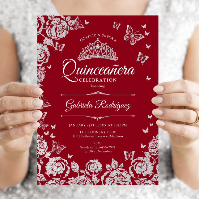 Röda Silver Rosor Fjärilar Quinceanera Inbjudningar (Skapare uppladdad)