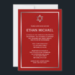 Röda Silver Stjärna av David Bar Mitzvah-inbjudnin Inbjudningar<br><div class="desc">En klassisk Bar Mitzvah-inbjudan med en Stjärna av David-design i silver och rött. Modern och formell -- Personifiera enkelt för ditt evenemang! 

Designs är platta tryckta illustrationer/grafik - INTE FAKTISK SILVERFOLIE.</div>